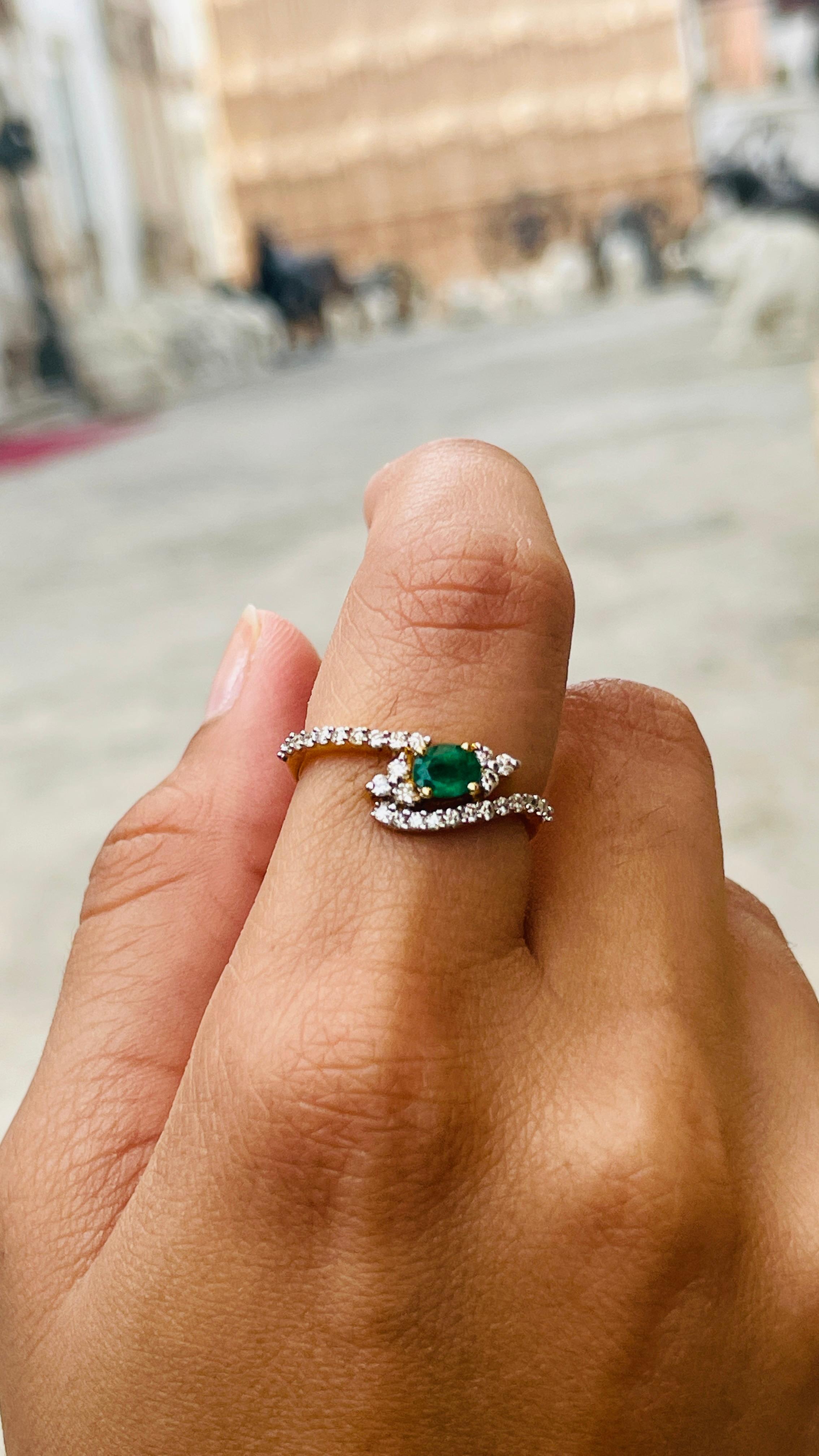 18K Yellow Gold Oval Shaped Emerald and Diamond Ring 2
