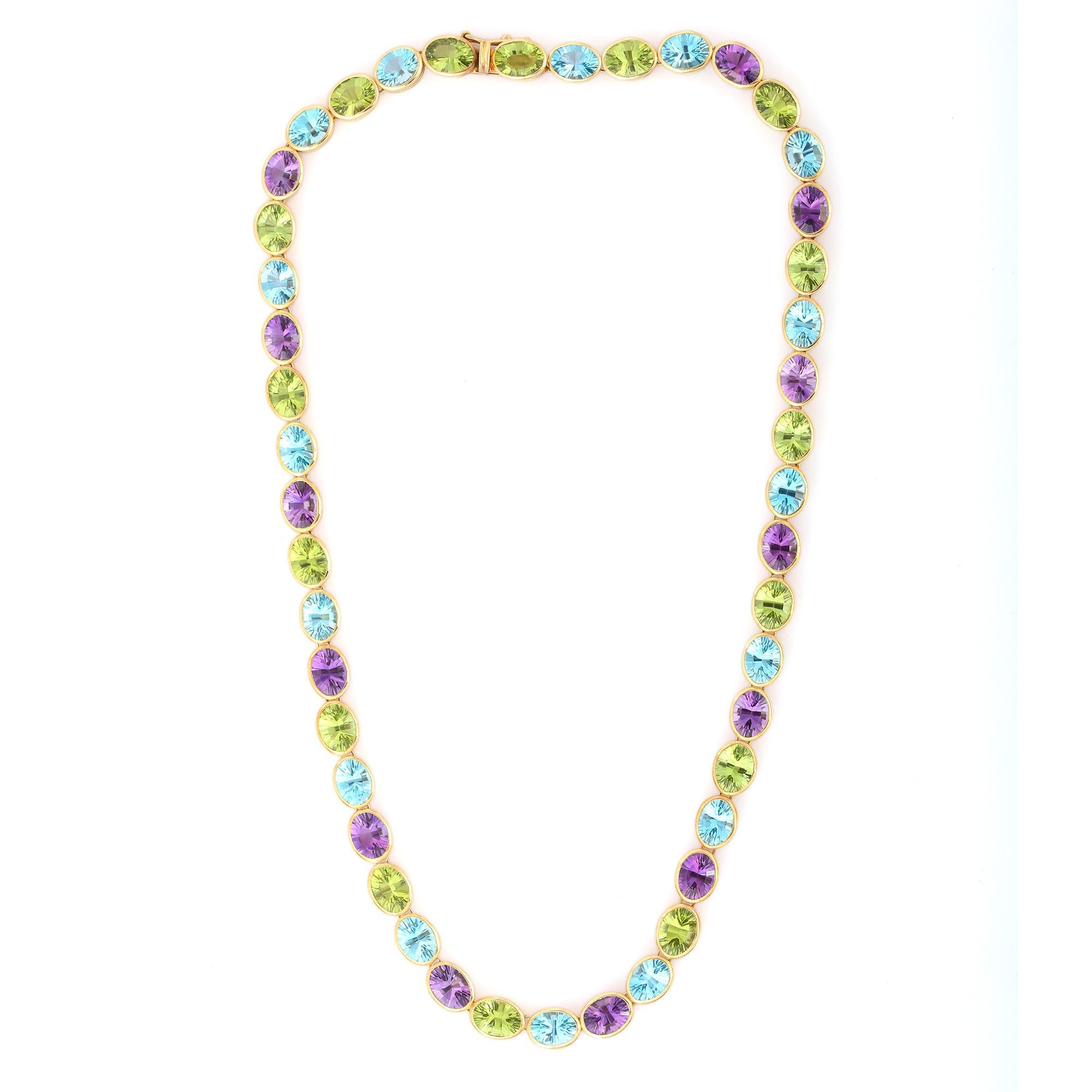 Modern 18K Yellow Gold Oval Shaped Multi Gemstone Necklace  For Sale