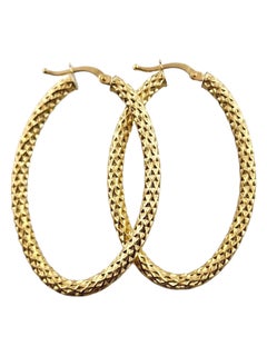 18K Yellow Gold Oval Textured Hoop Earrings #18317