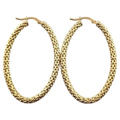 18K Yellow Gold Oval Textured Hoop Earrings #18317