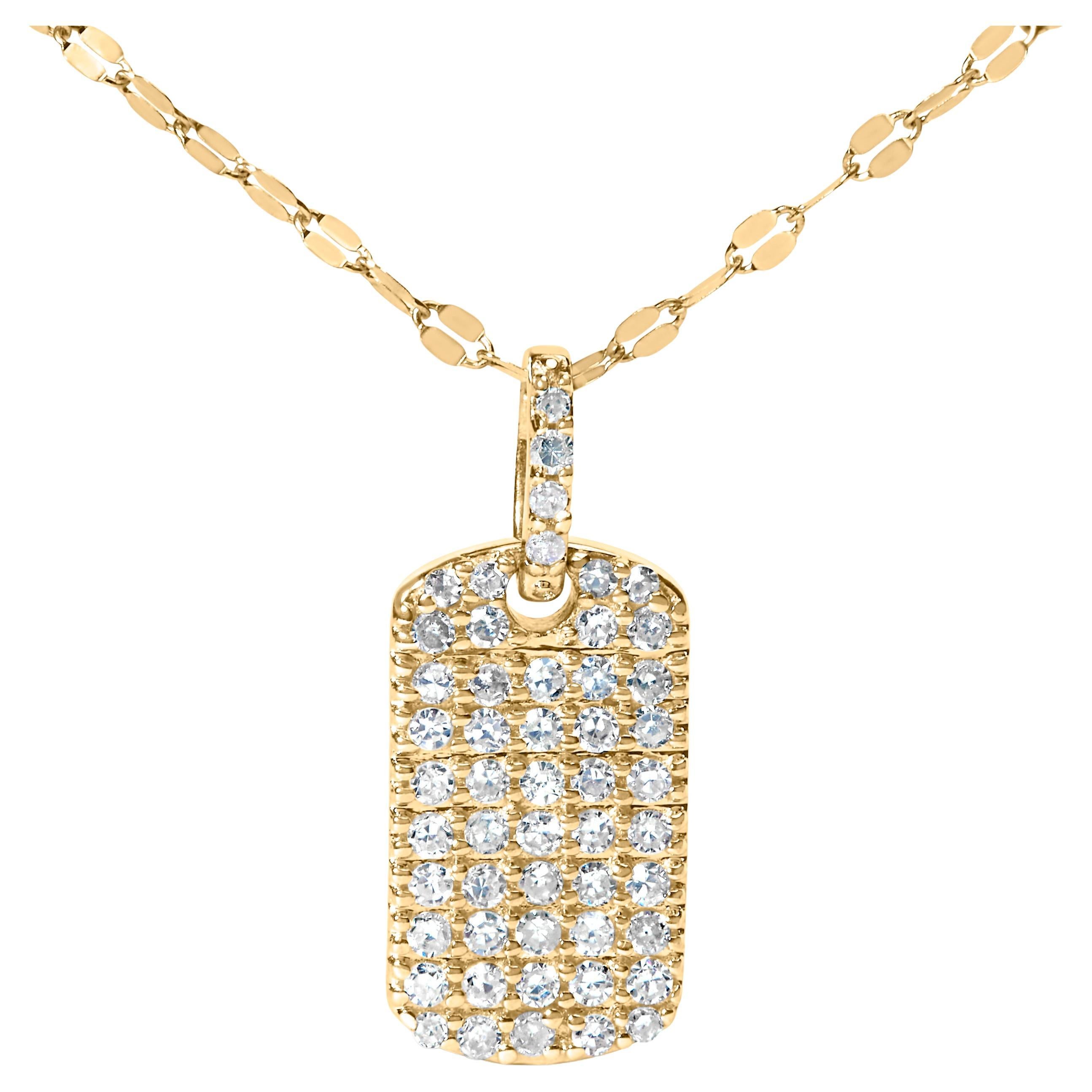 18K Yellow Gold Over Silver 1/3 Carat Diamond Studded Dog Tag Pendant Necklace For Sale