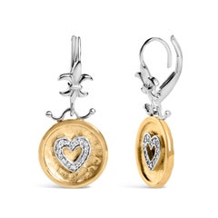18K Yellow Gold Over Silver 1/8 Carat Diamond Heart Drop and Dangle Earring