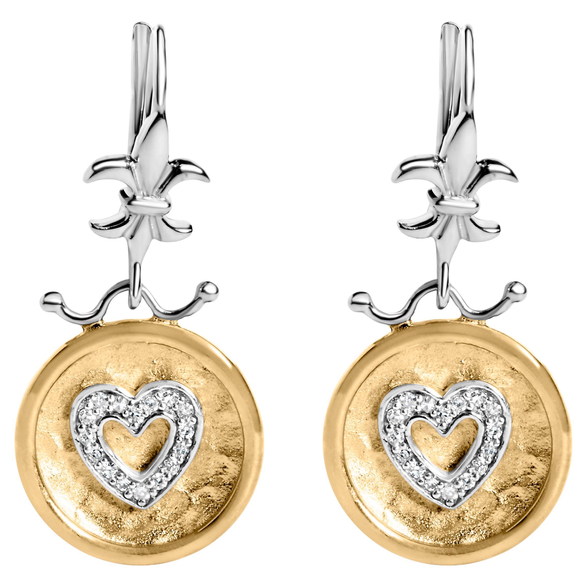 18K Yellow Gold Over Silver 1/8 Carat Diamond Heart Drop and Dangle Earring