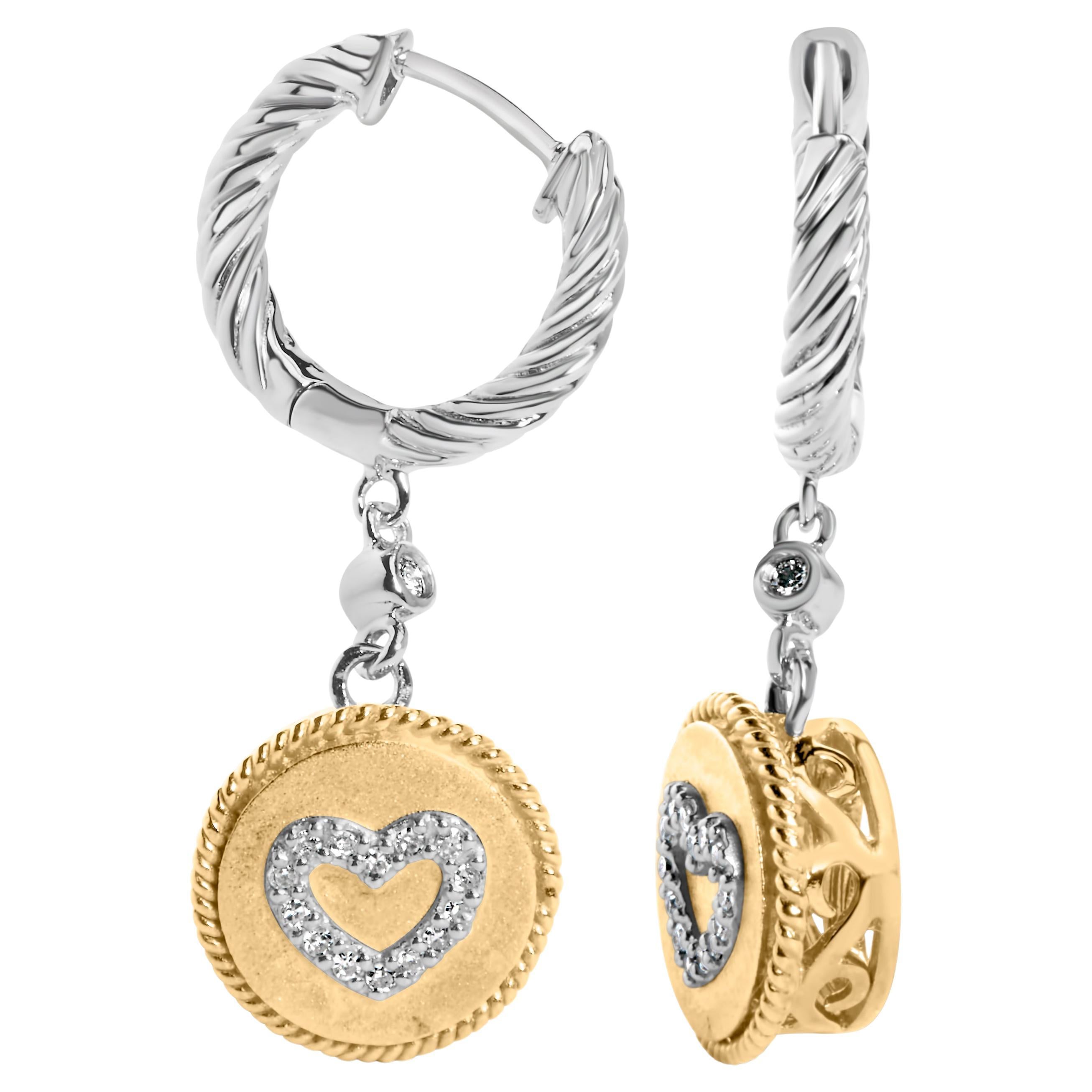 Orecchini pendenti con medaglione a forma di cuore in oro giallo 18 carati e argento 1/8 di carato