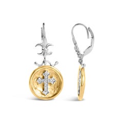 18K Yellow Gold Over Silver 1/8 Cttw Diamond Medallion with Cross Dangle Earring