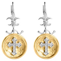 18K Yellow Gold Over Silver 1/8 Cttw Diamond Medallion with Cross Dangle Earring
