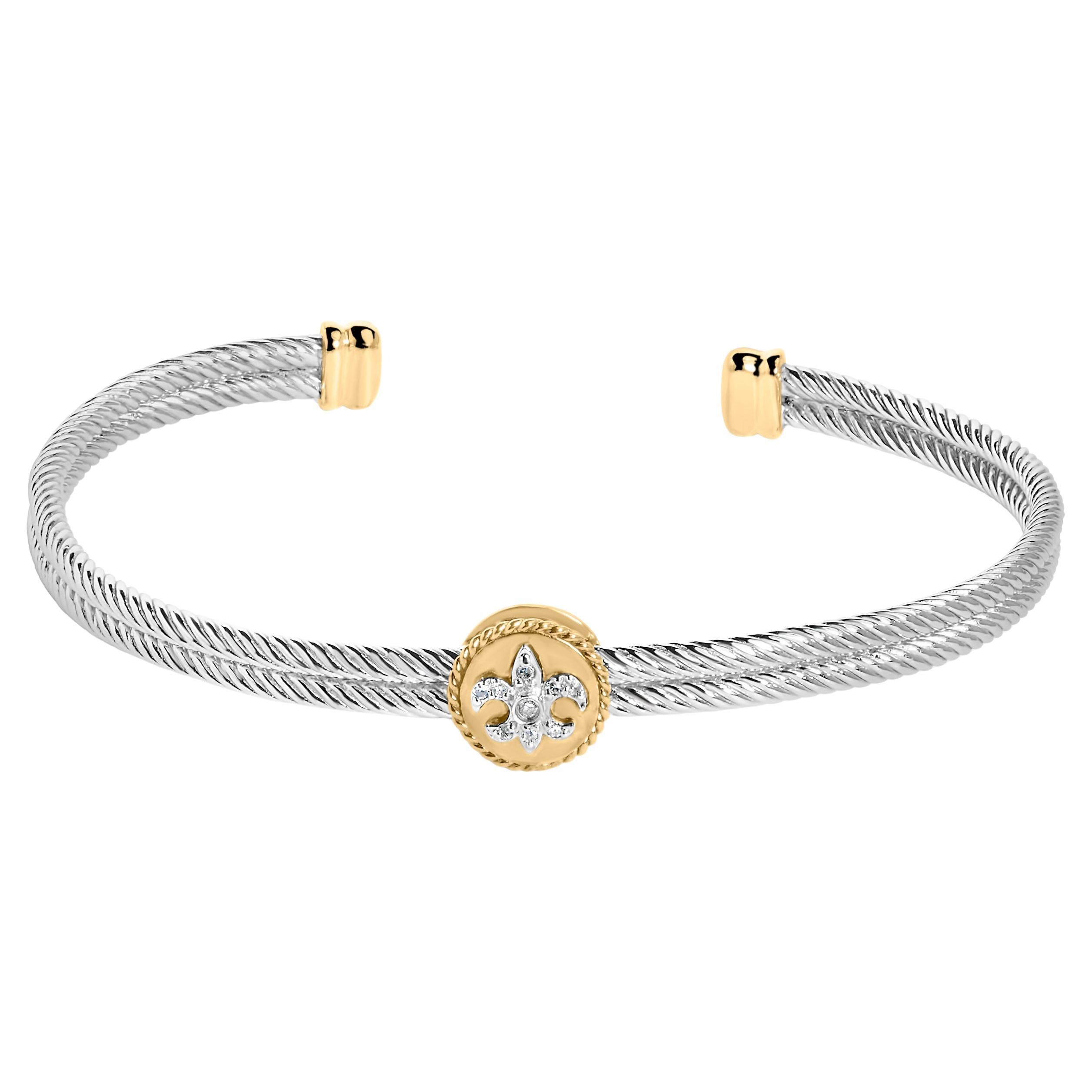 18K Yellow Gold Over Silver Diamond Accent and Fleur Di Lis Medallion Bangle For Sale