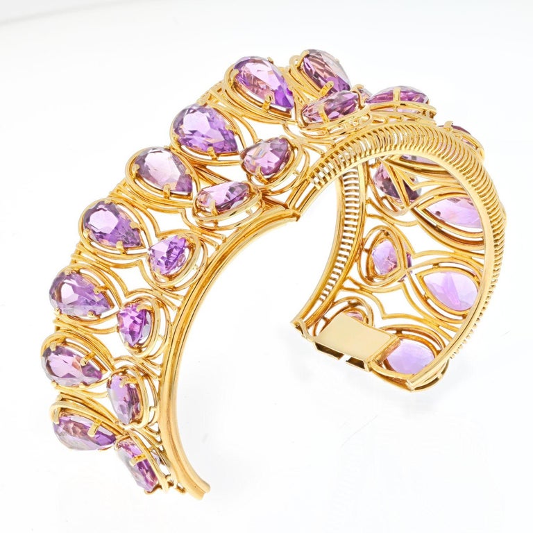 18k Yellow Gold Oversized Amethyst Cuff Bangle Bracelet For Sale at 1stDibs