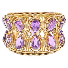 18k Yellow Gold Oversized Amethyst Cuff Bangle Bracelet