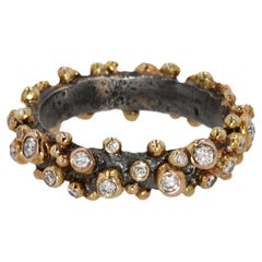 18K Yellow Gold / Oxidized Silver Round Brilliant Cut Diamond Cluster Ring