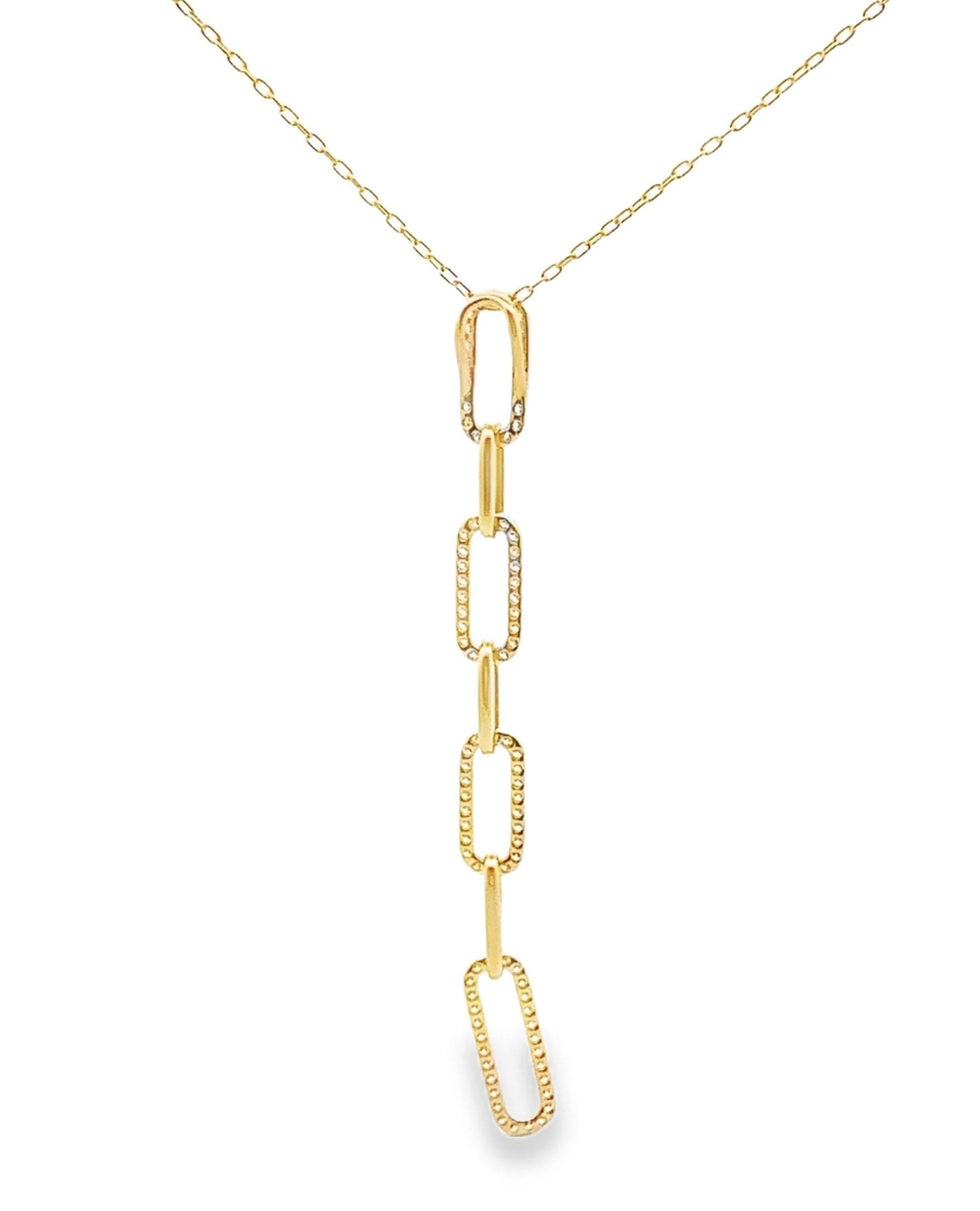 Round Cut 18K Yellow Gold Paperclip Chain Y-Shaped Pendant Necklace with Diamonds For Sale