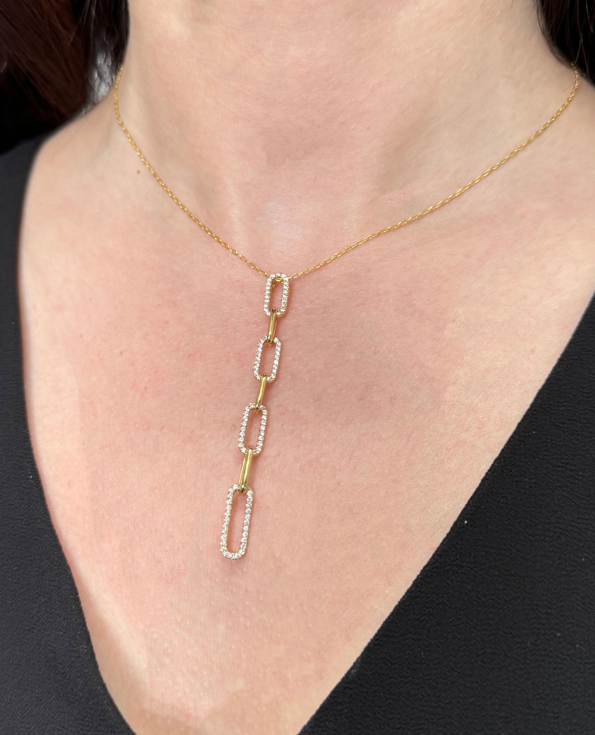 18K Yellow Gold Paperclip Chain Y-Shaped Pendant Necklace with Diamonds In New Condition For Sale In Old Tappan, NJ