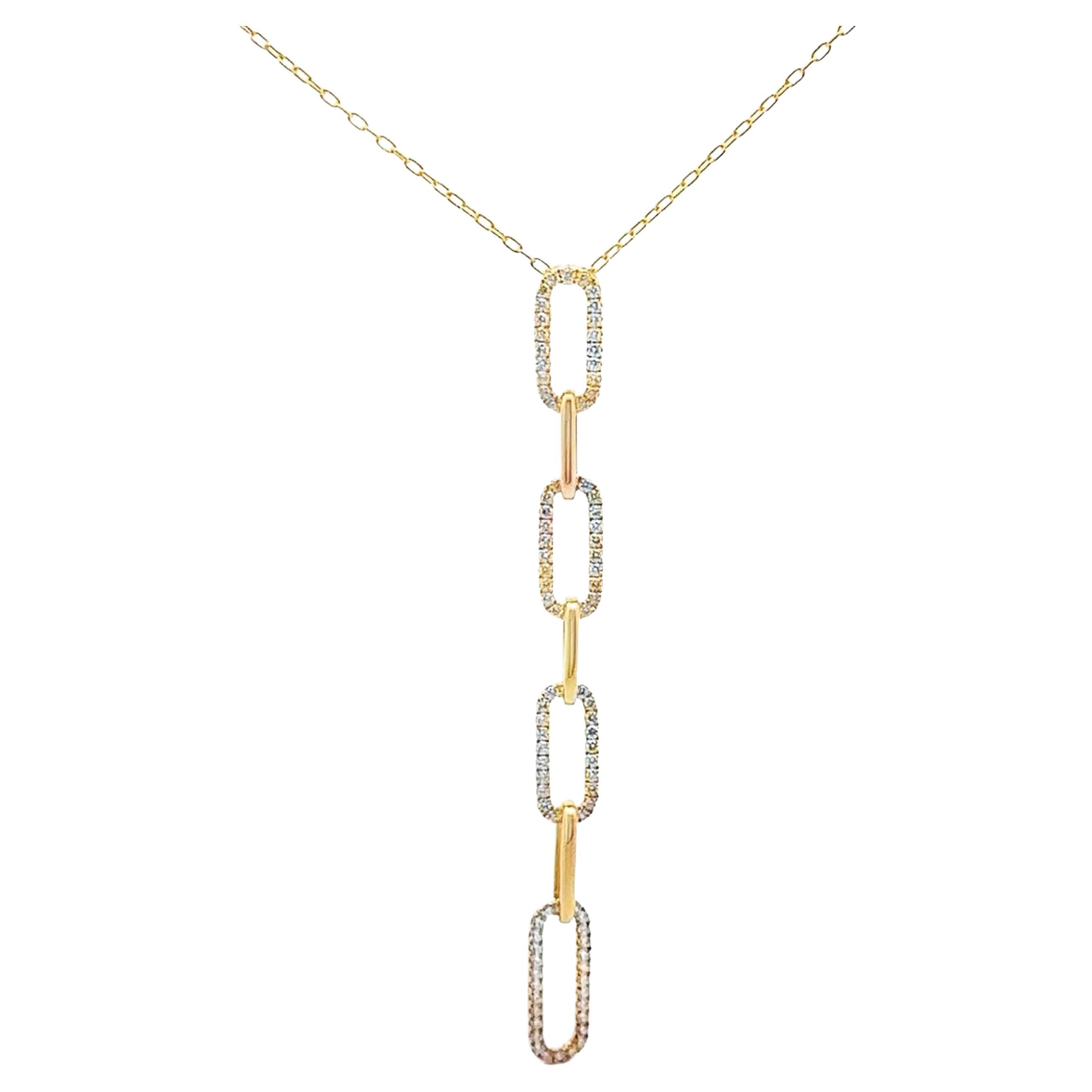 18K Yellow Gold Paperclip Chain Y-Shaped Pendant Necklace with Diamonds For Sale