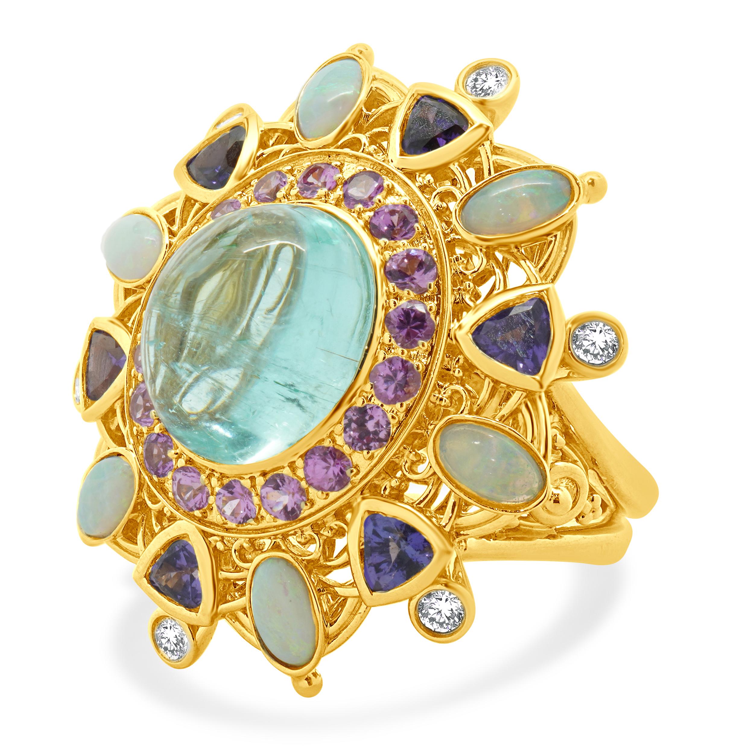 Designer: custom
Material: 18K yellow gold
Diamond: 6 round brilliant cut = 0.25cttw
Color: G
Clarity: SI1
Paraiba Tourmaline: 1 cabochon cut = 7.07ct
Ring Size: 7.5 (please allow two extra shipping days for sizing requests) 
Weight: 17.12 grams
