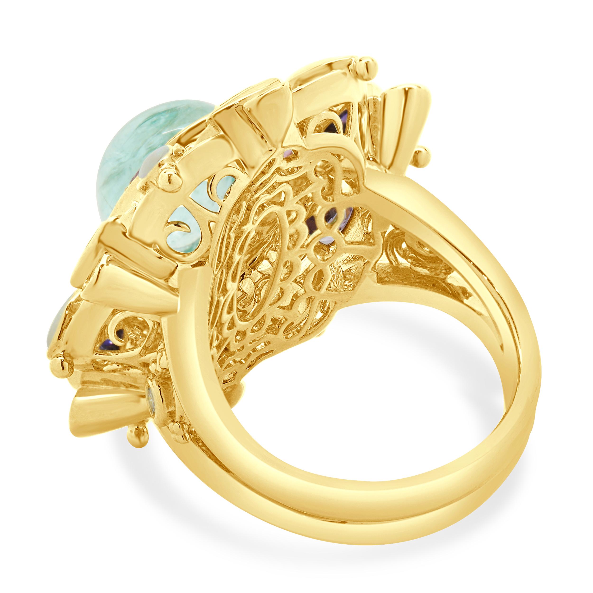 Cabochon 18k Yellow Gold Paraiba Tourmaline, Opal, Iolite, Tourmaline, and Diamond Ring For Sale