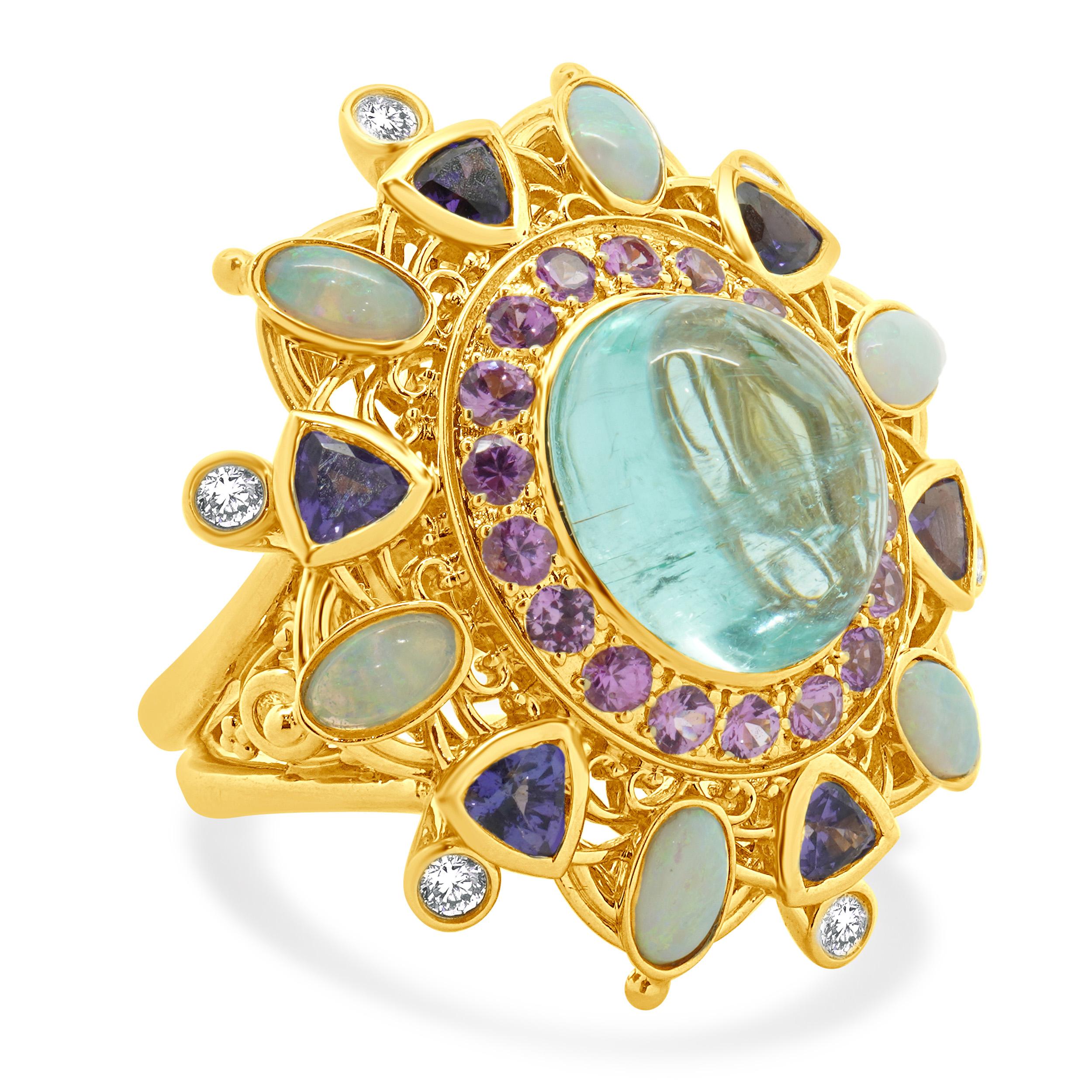 18k Yellow Gold Paraiba Tourmaline, Opal, Iolite, Tourmaline, and Diamond Ring In Excellent Condition For Sale In Scottsdale, AZ