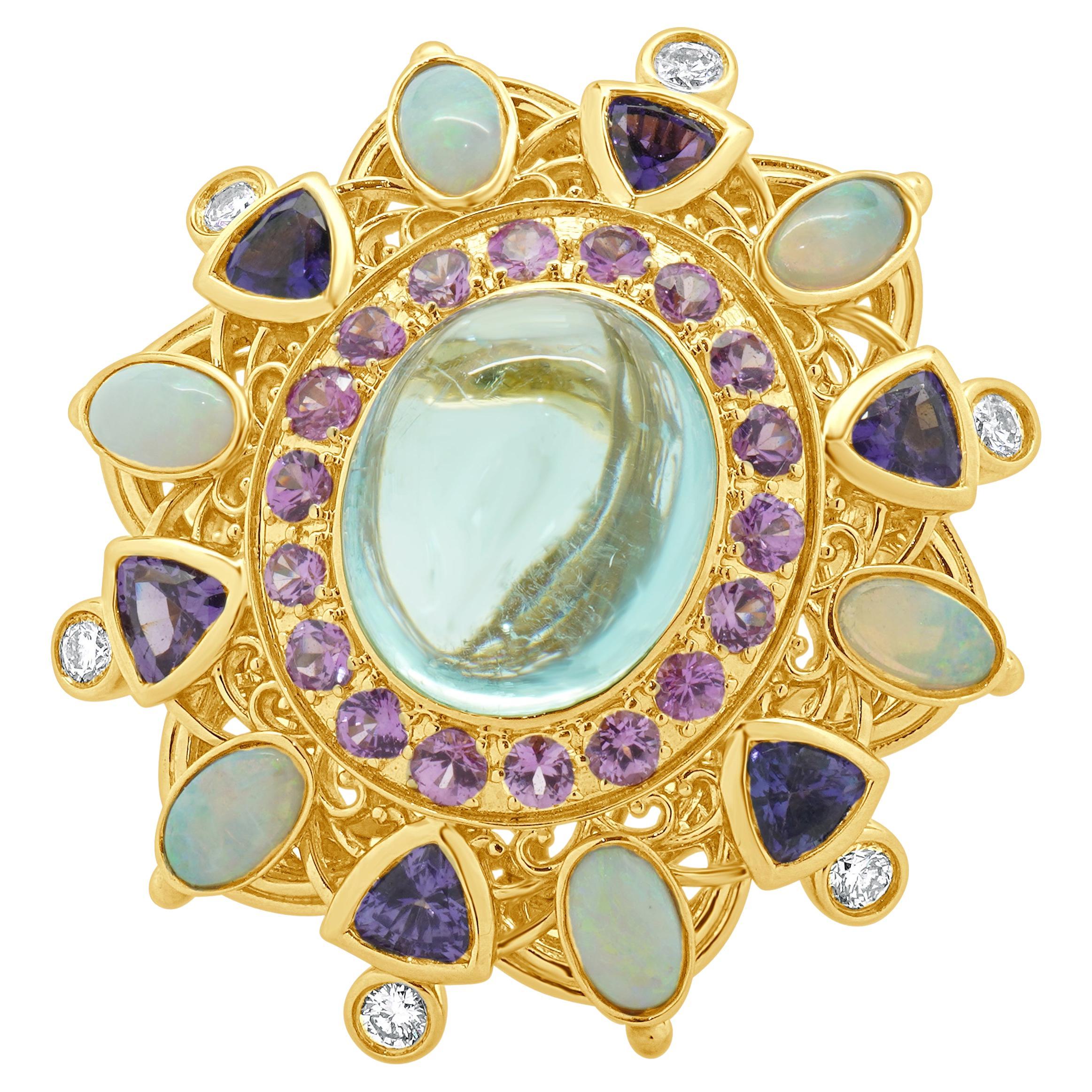 18k Yellow Gold Paraiba Tourmaline, Opal, Iolite, Tourmaline, and Diamond Ring For Sale