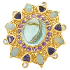 18 Karat Gelbgold Paraiba-Turmalin, Opal, Iolith, Turmalin und Diamantring