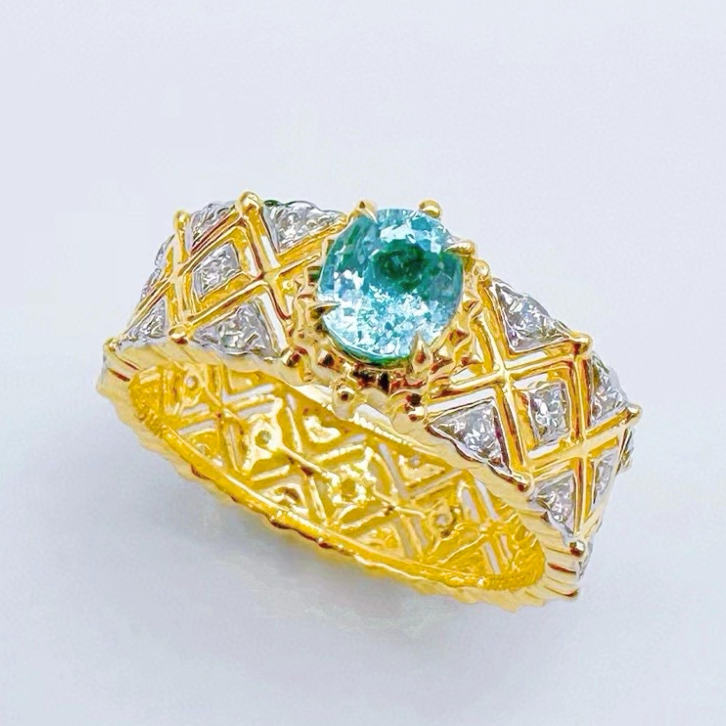 18K Yellow Gold Paraiba Tourmaline Ring with Diamonds

1 Paraiba Tourmaline - 0.675 CT
Diamonds - 0.35 CT
18K Gold - 4.39 GM

Natural Mint Blue-Green Color Paraiba Tourmaline
Guild Certified.