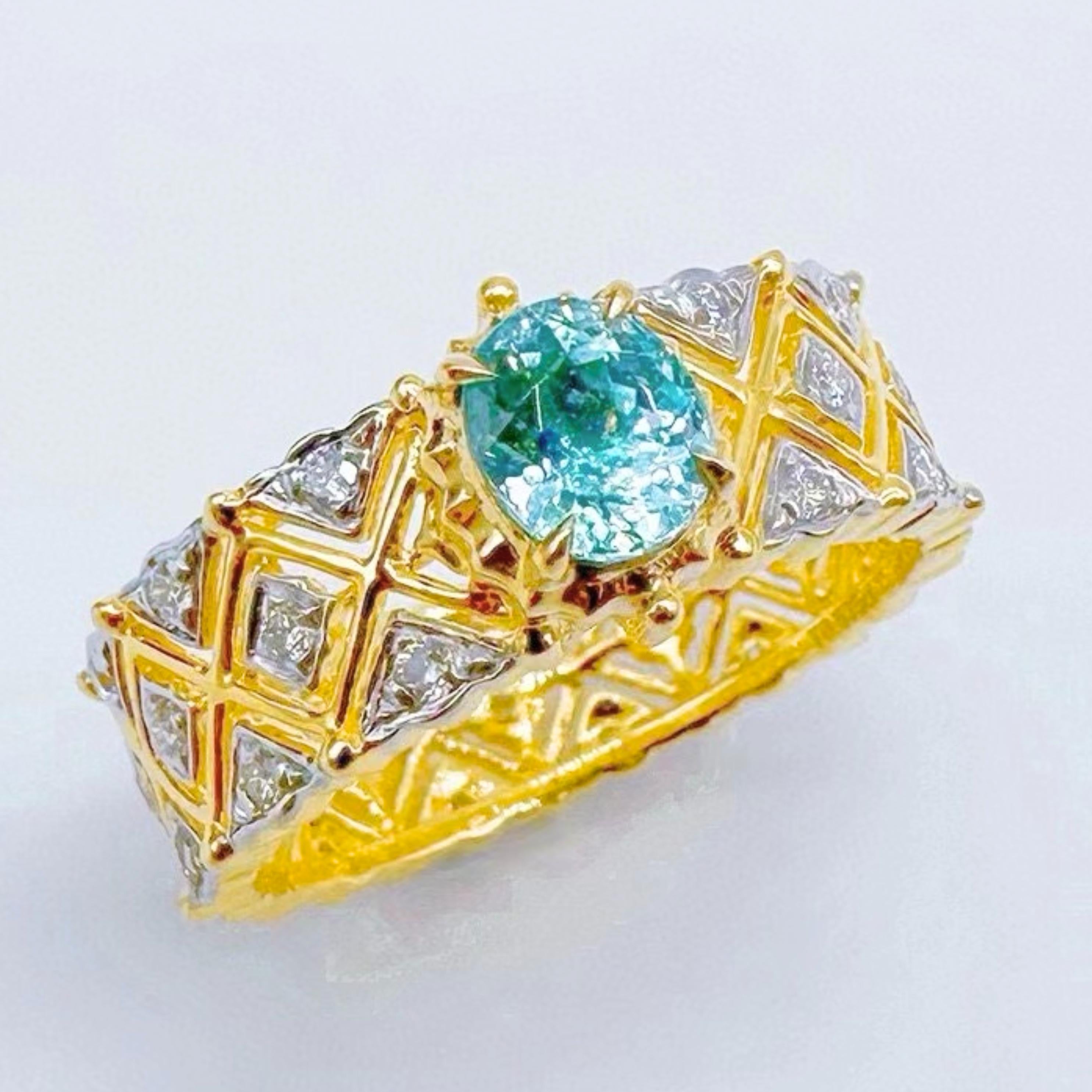 Modern 18K Yellow Gold Paraiba Tourmaline Ring with Diamonds For Sale