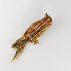 18K Yellow Gold Parrot Brooch with Sapphires, Diamonds, Emeralds