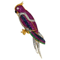 18K Yellow Gold Parrot Brooch with Sapphires, Diamonds, Emeralds