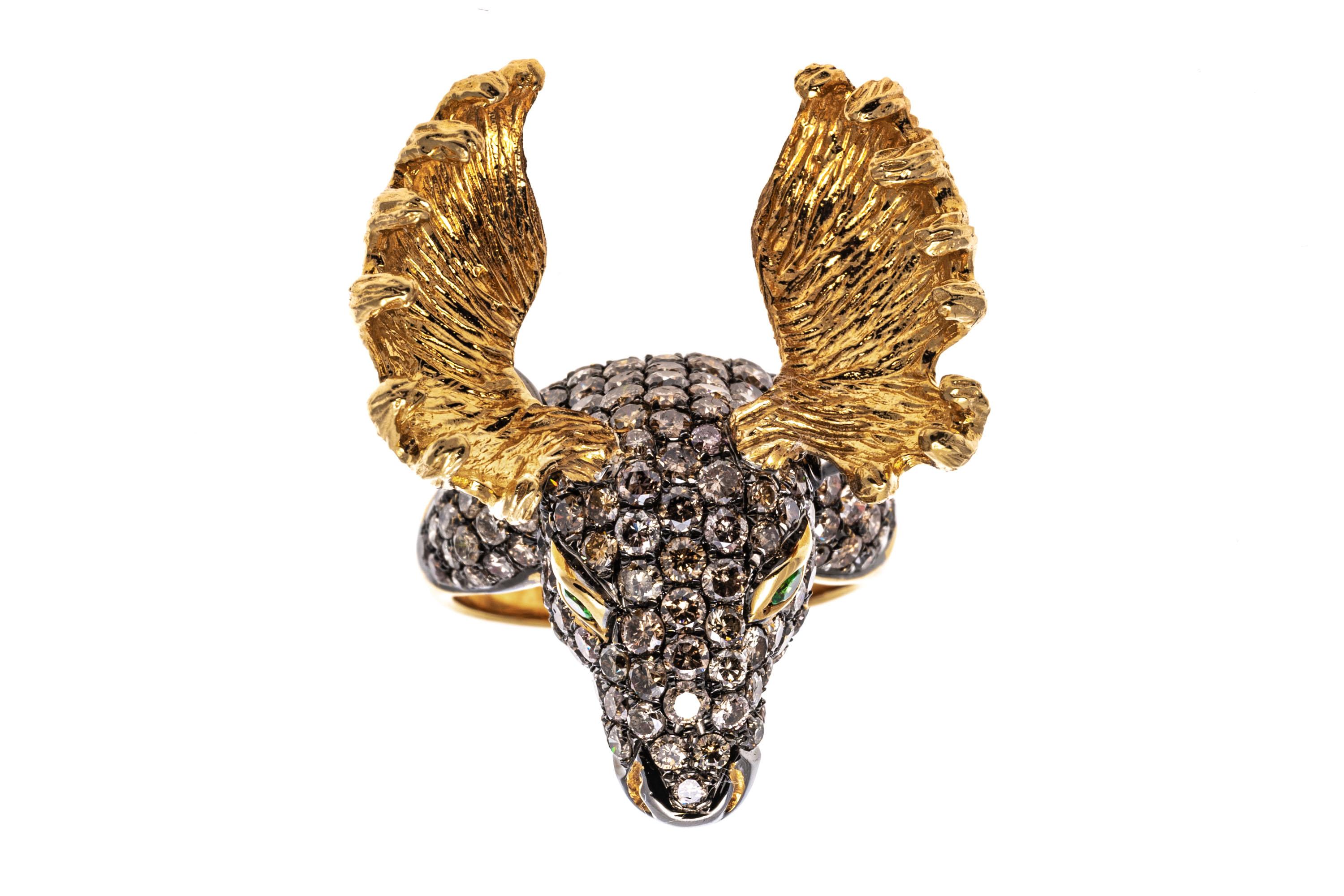 18k Yellow Gold Pave Cognac Diamond Moose Head Ring, App. 2.08 TCW In Good Condition For Sale In Southport, CT