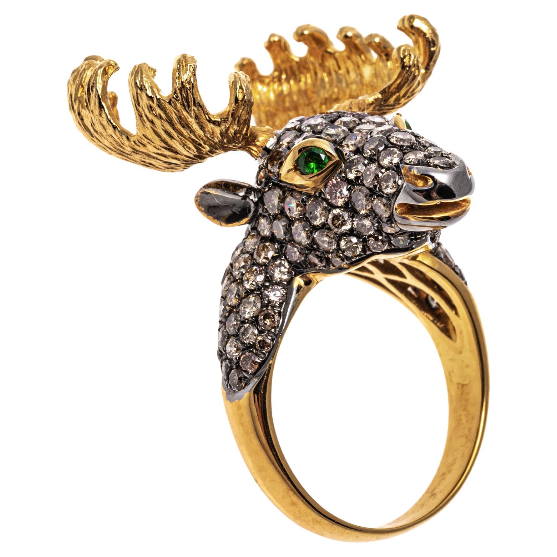 18k Yellow Gold Pave Cognac Diamond Moose Head Ring, App. 2.08 TCW For Sale