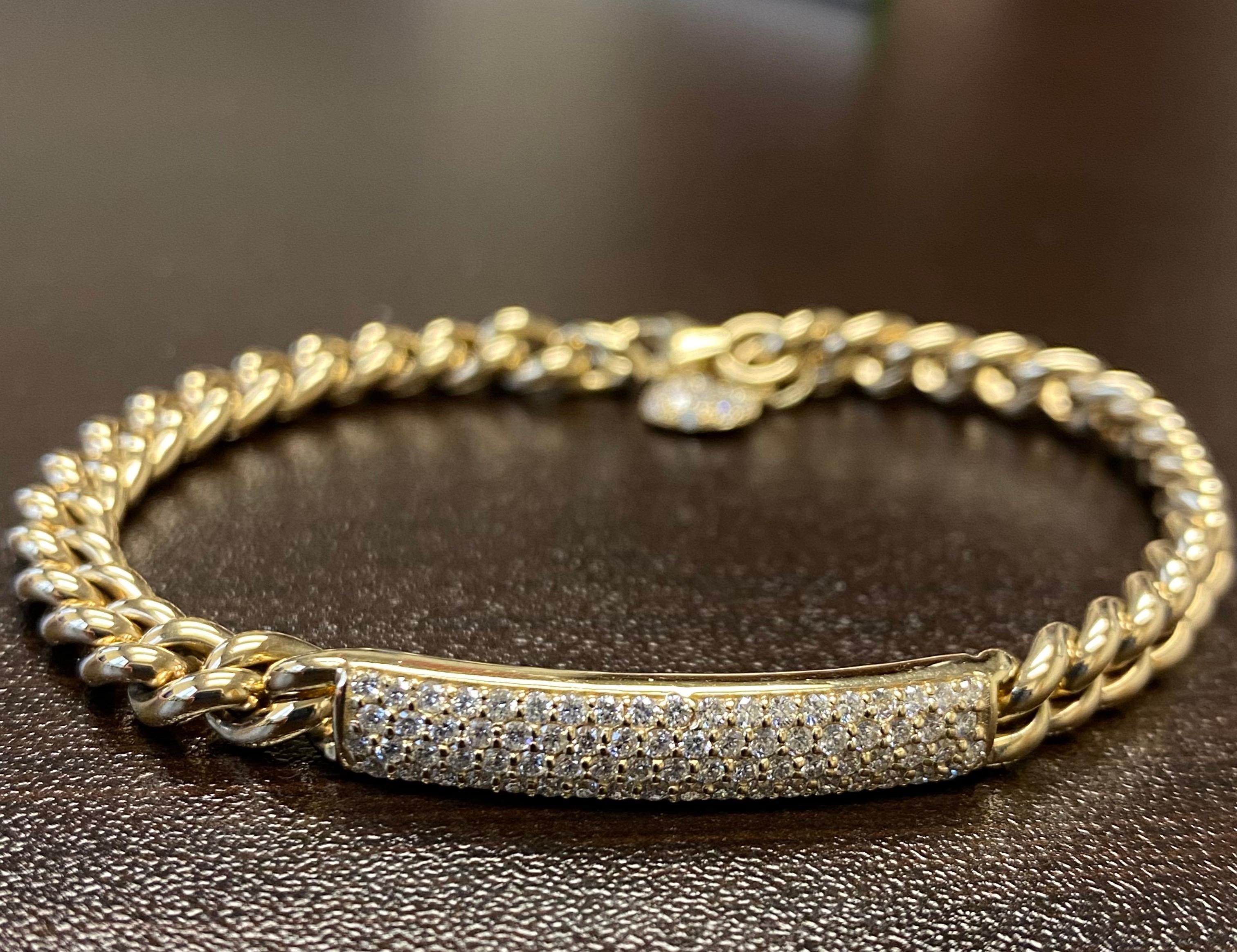 Women's 18K Yellow Gold Pave Cuban Link Bracelet For Sale