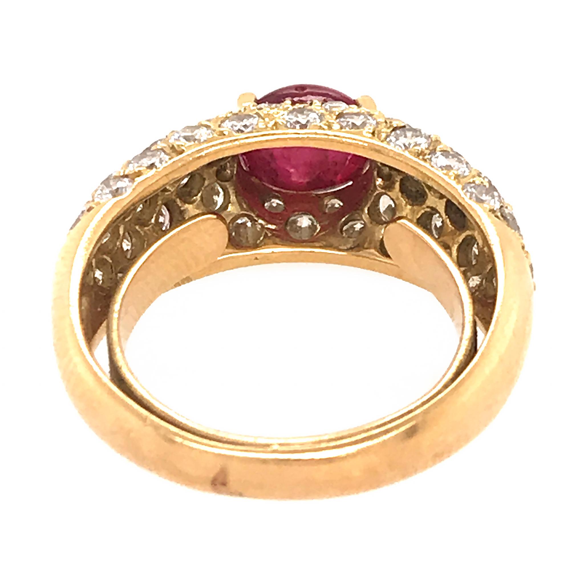 Women's 18 Karat Yellow Gold Pave Diamond and Ruby Cabochon Ring For Sale