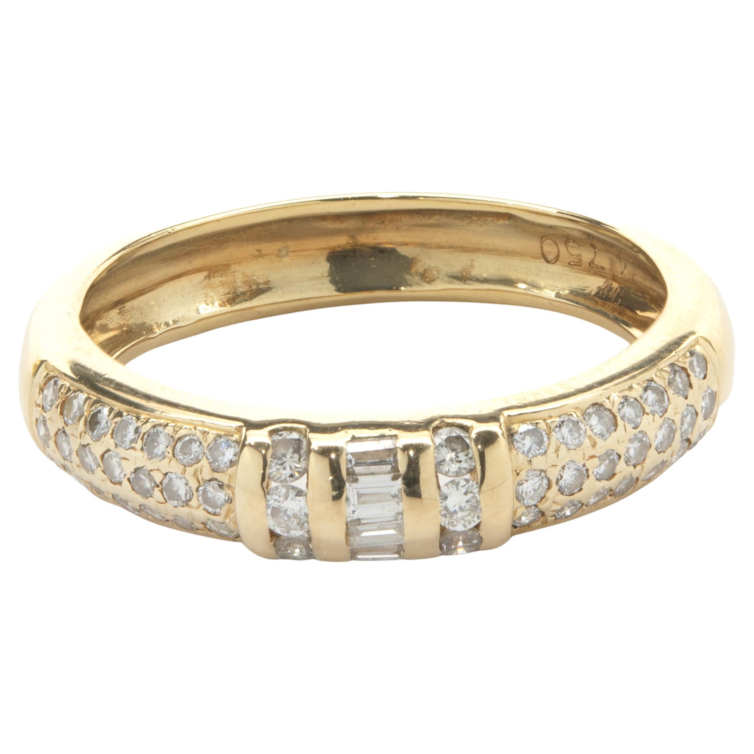 18k Yellow Gold Pave Diamond Band with Channel Set Round and Baguette Cut Center For Sale