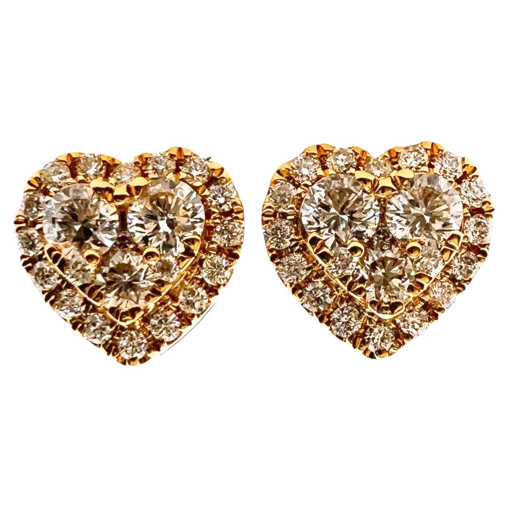 18k Yellow Gold Pavé Diamond Heart Shaped Stud Earrings