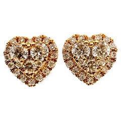 Boucles d'oreilles en or jaune 18 carats, diamants pavés en forme de cœur