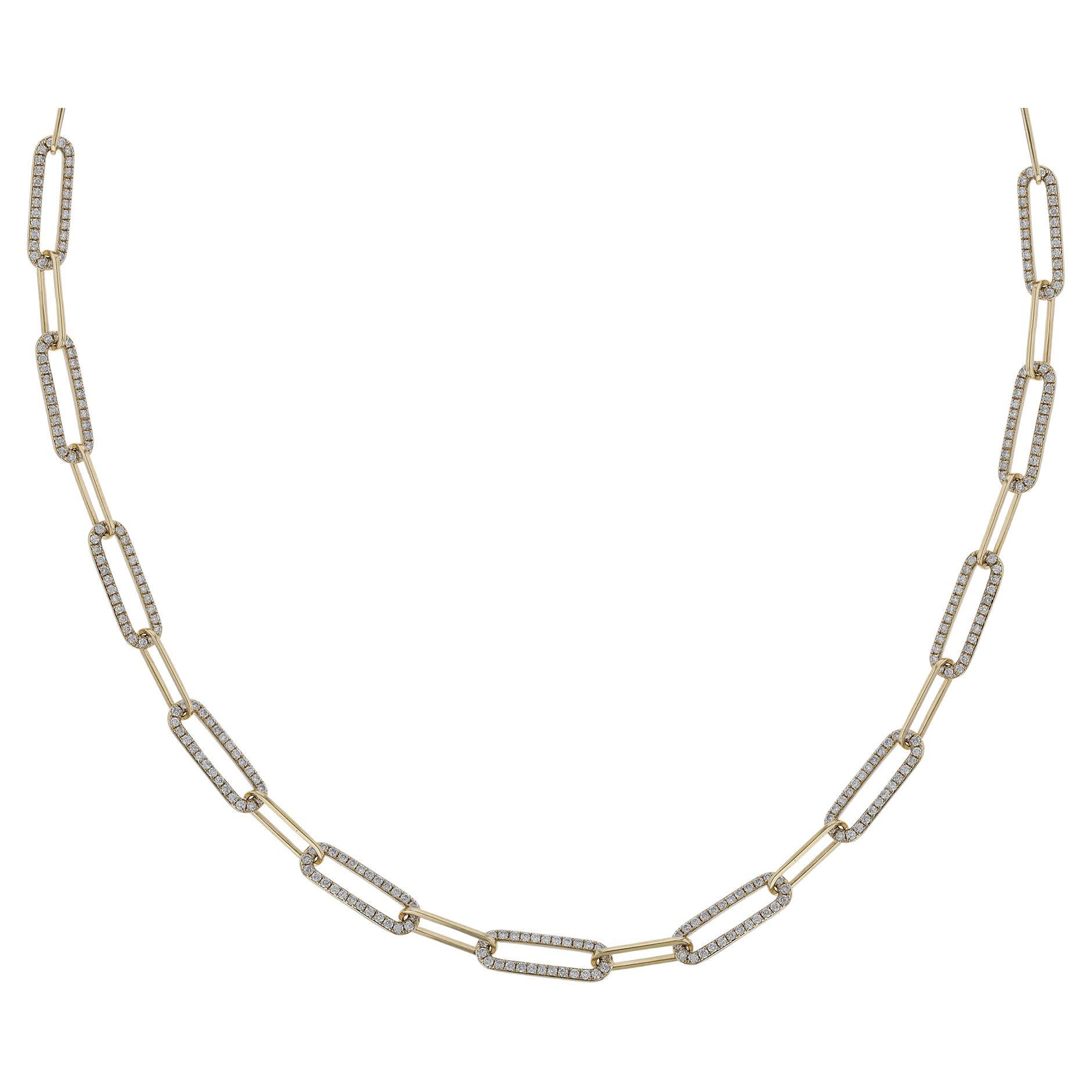 18K Yellow Gold Pave' Diamond Paper Clip Necklace, 2.56ct. For Sale