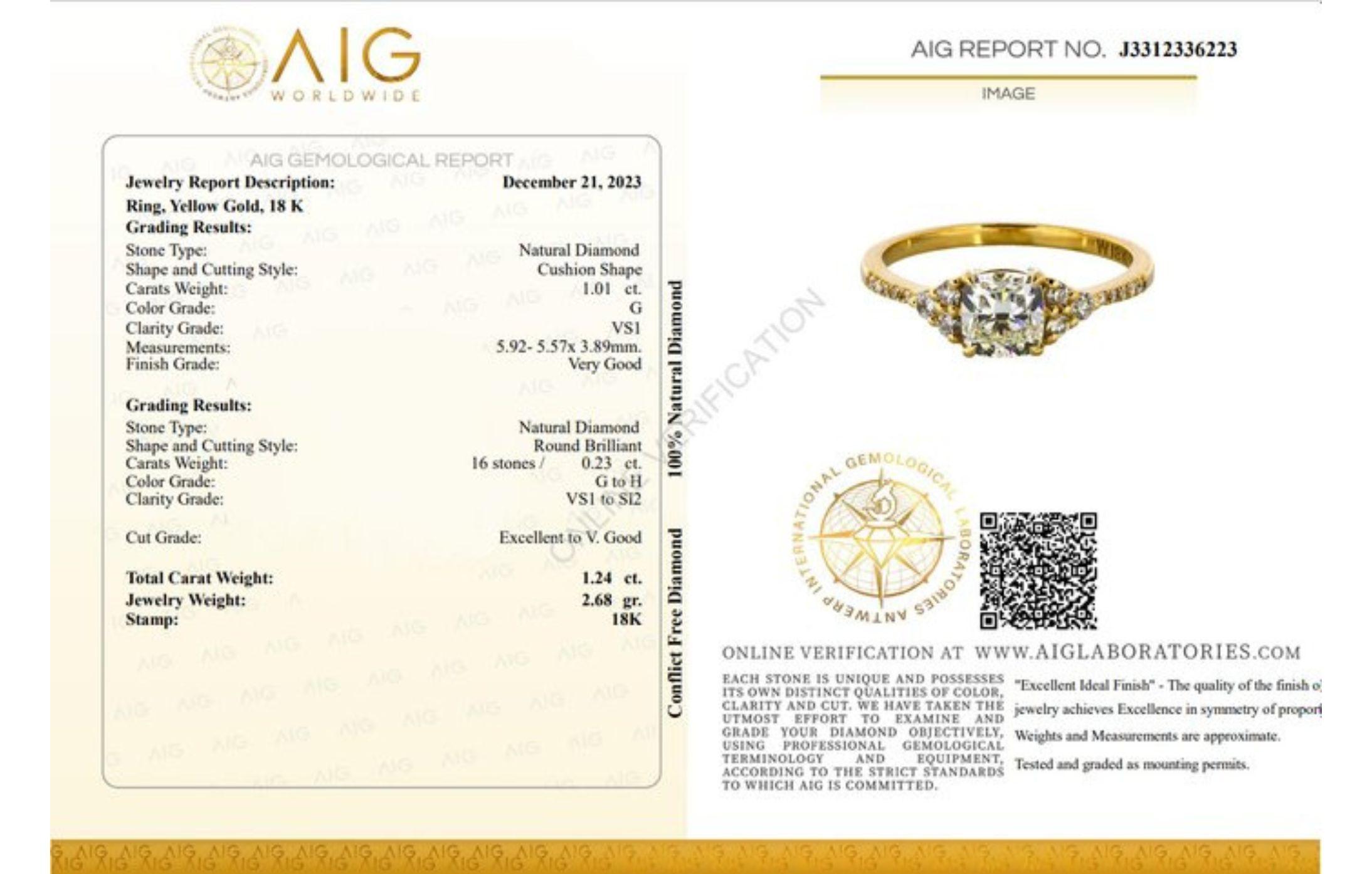 18K Yellow Gold Pave Diamond Ring with a Captivating 1.01ct Cushion-cut Diamond 1