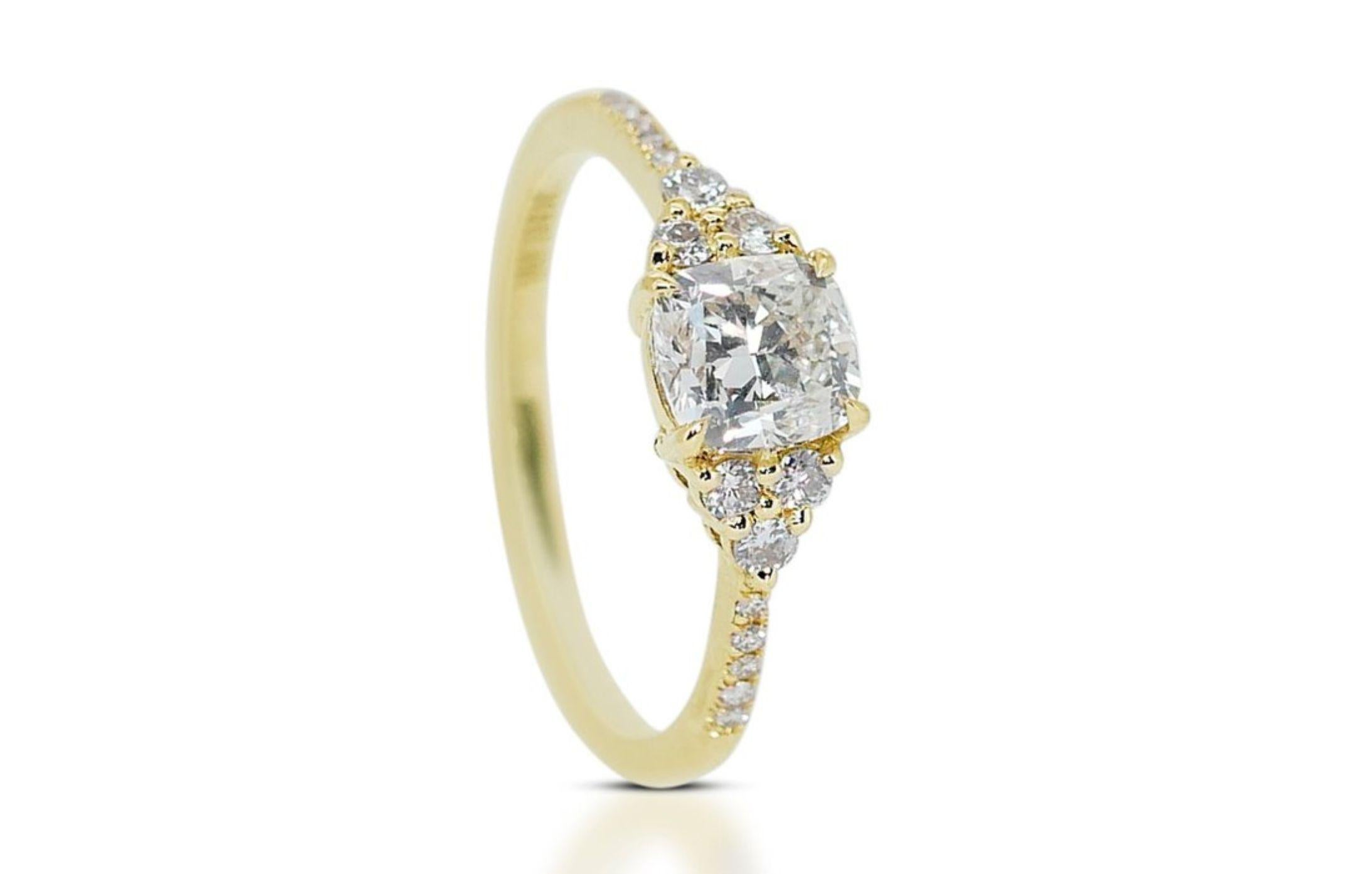 18K Yellow Gold Pave Diamond Ring with a Captivating 1.01ct Cushion-cut Diamond 4