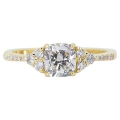 18K Yellow Gold Pave Diamond Ring with a Captivating 1.01ct Cushion-cut Diamond