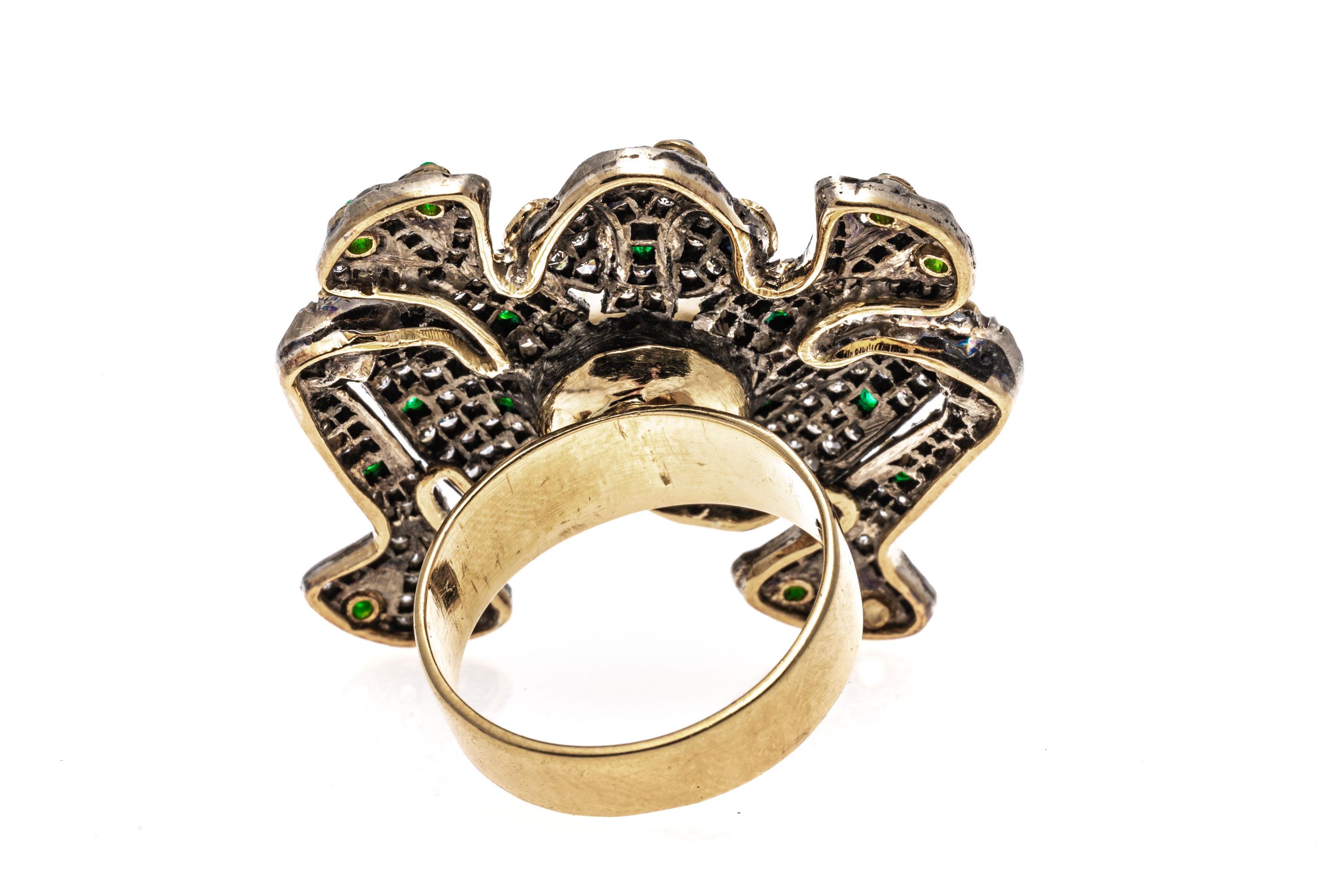 Contemporary 18k Yellow Gold Pave Set Diamond, Emerald and Cultured Pearl Frog Ring For Sale