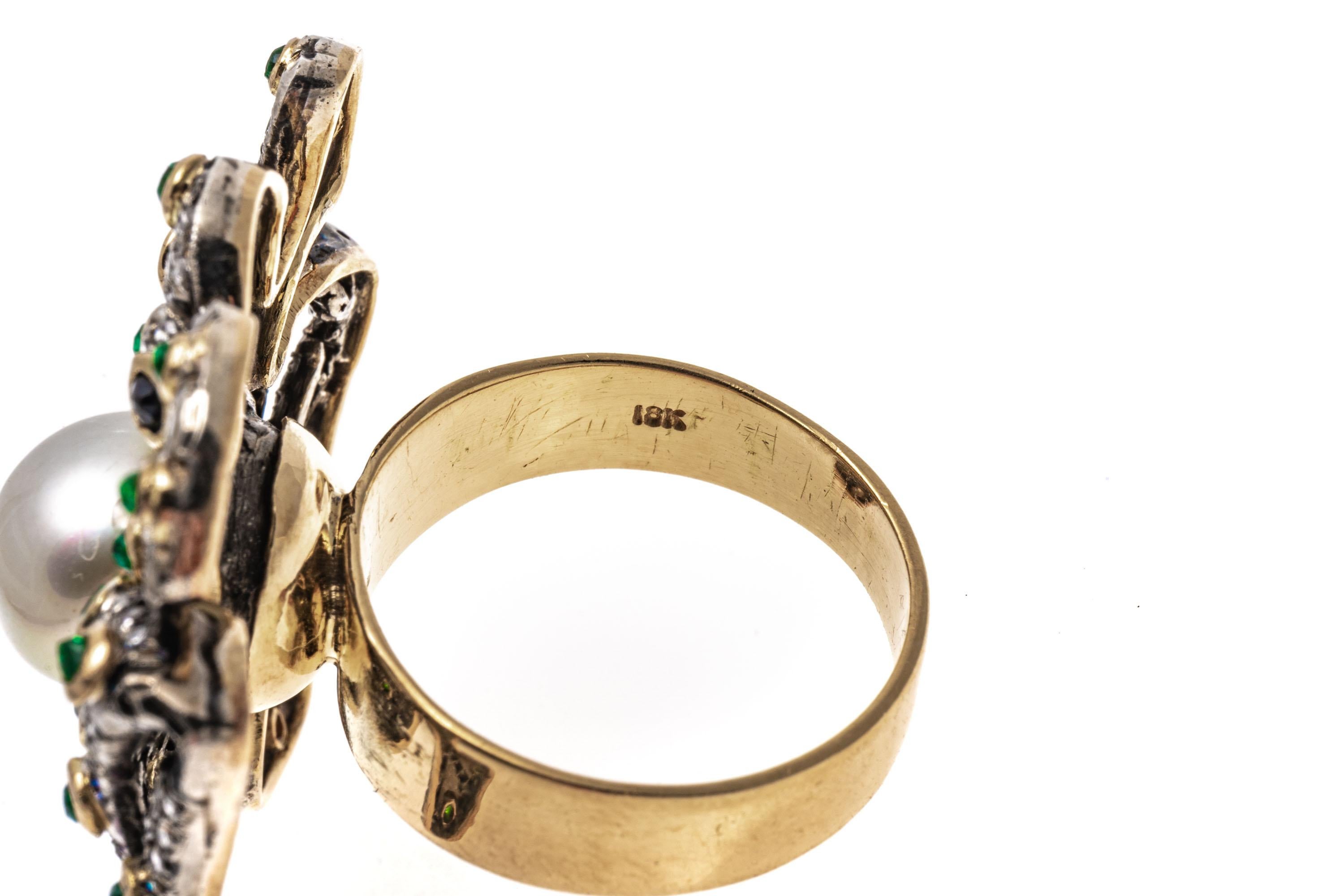 Frosch-Ring aus 18 Karat Gelbgold mit Diamanten, Smaragden und Zuchtperlen in Pavéfassung Damen im Angebot