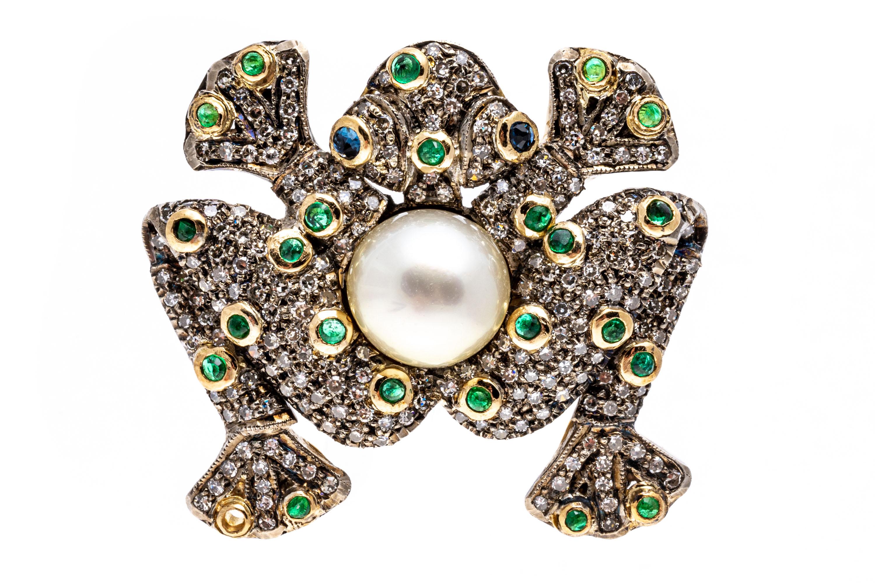 Frosch-Ring aus 18 Karat Gelbgold mit Diamanten, Smaragden und Zuchtperlen in Pavéfassung im Angebot 2