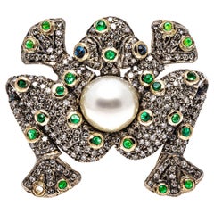 18k Yellow Gold Pave Set Diamond, Emerald and Cultured Pearl Frog Ring