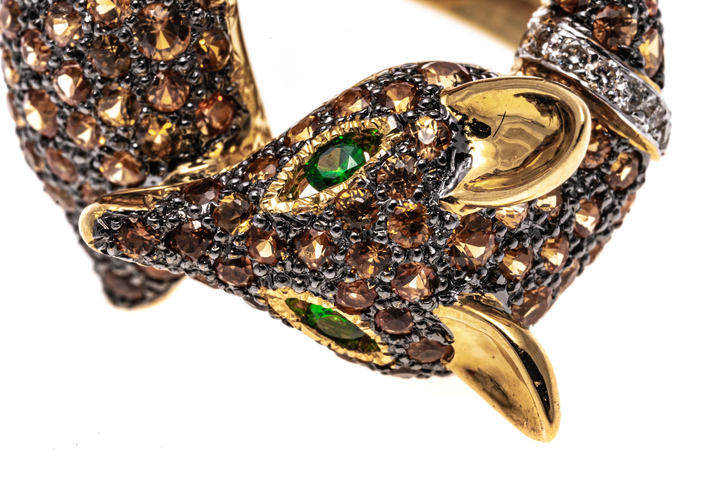 18k Yellow Gold Pave Set Topaz, Diamond And Tsavorite Fox Ring For Sale 2