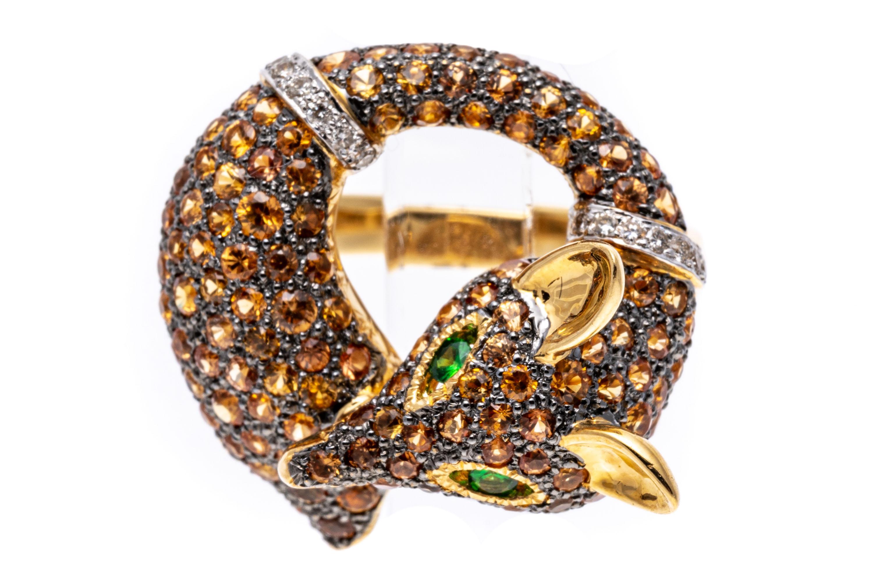 18k Yellow Gold Pave Set Topaz, Diamond And Tsavorite Fox Ring For Sale 3