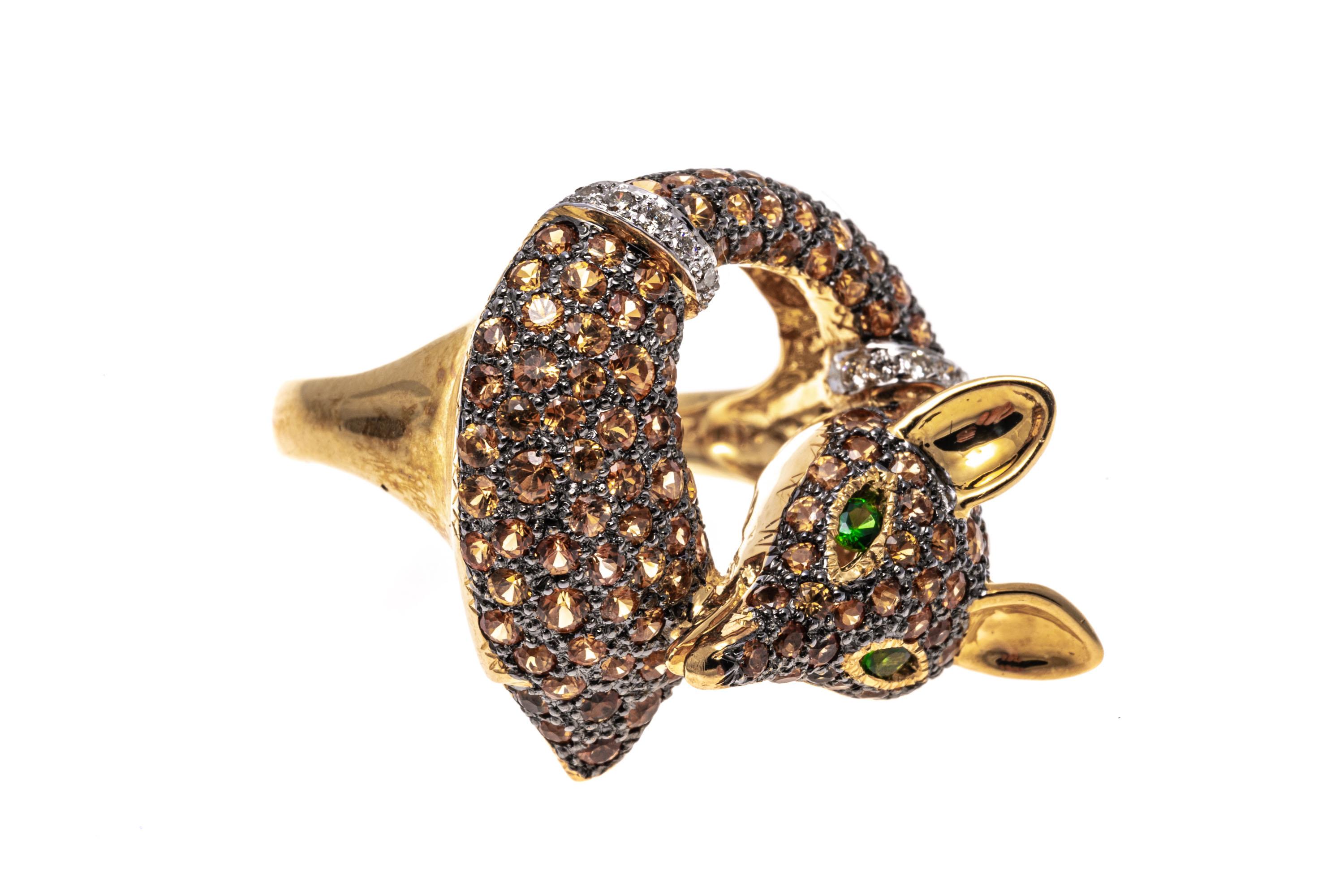 Contemporary 18k Yellow Gold Pave Set Topaz, Diamond And Tsavorite Fox Ring For Sale