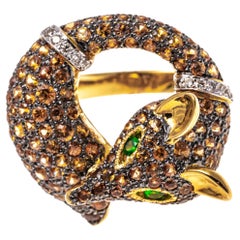18k Yellow Gold Pave Set Topaz, Diamond And Tsavorite Fox Ring
