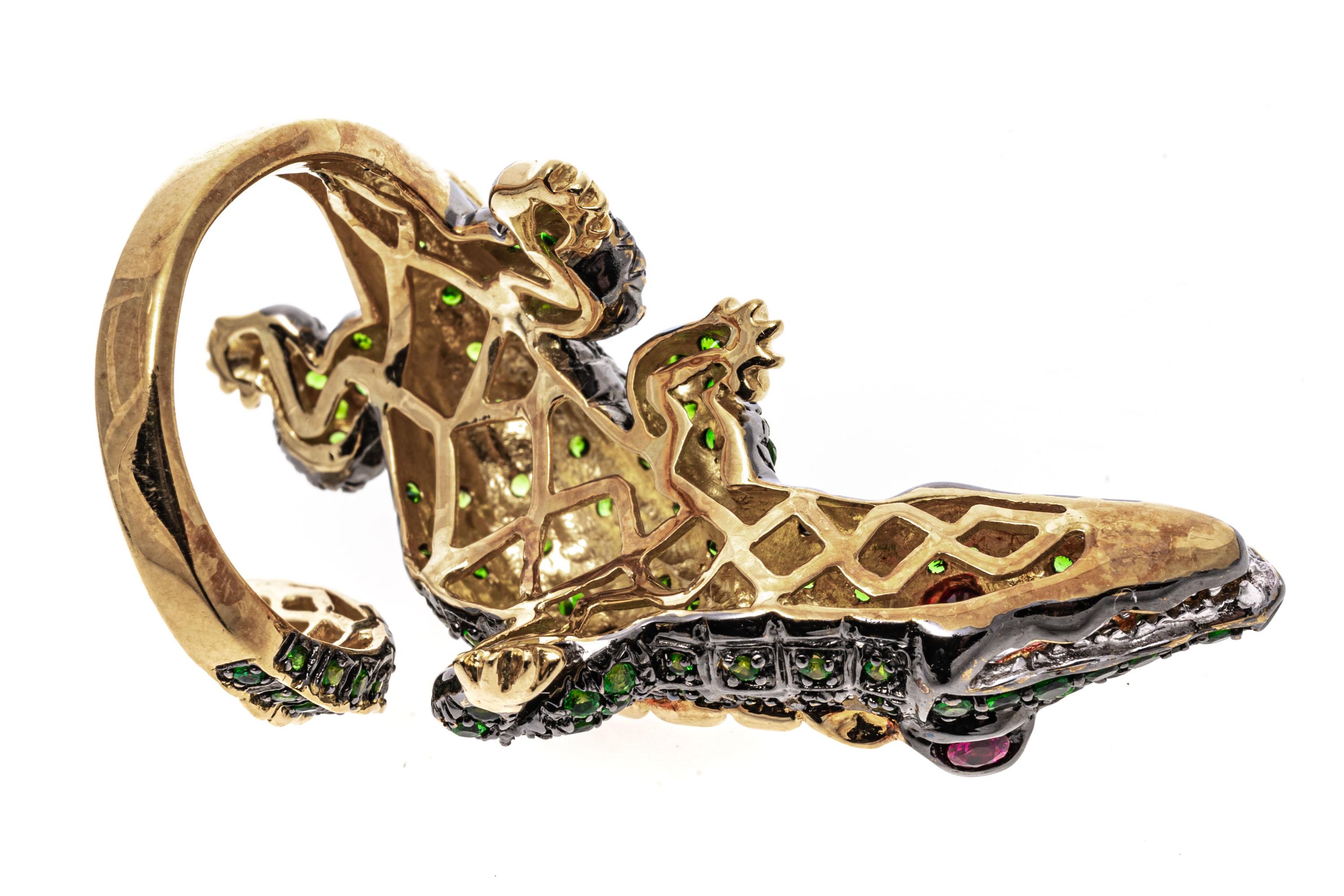 18k Yellow Gold Pave Tsavorite and Diamond Crocodile Bypass Ring For Sale 3