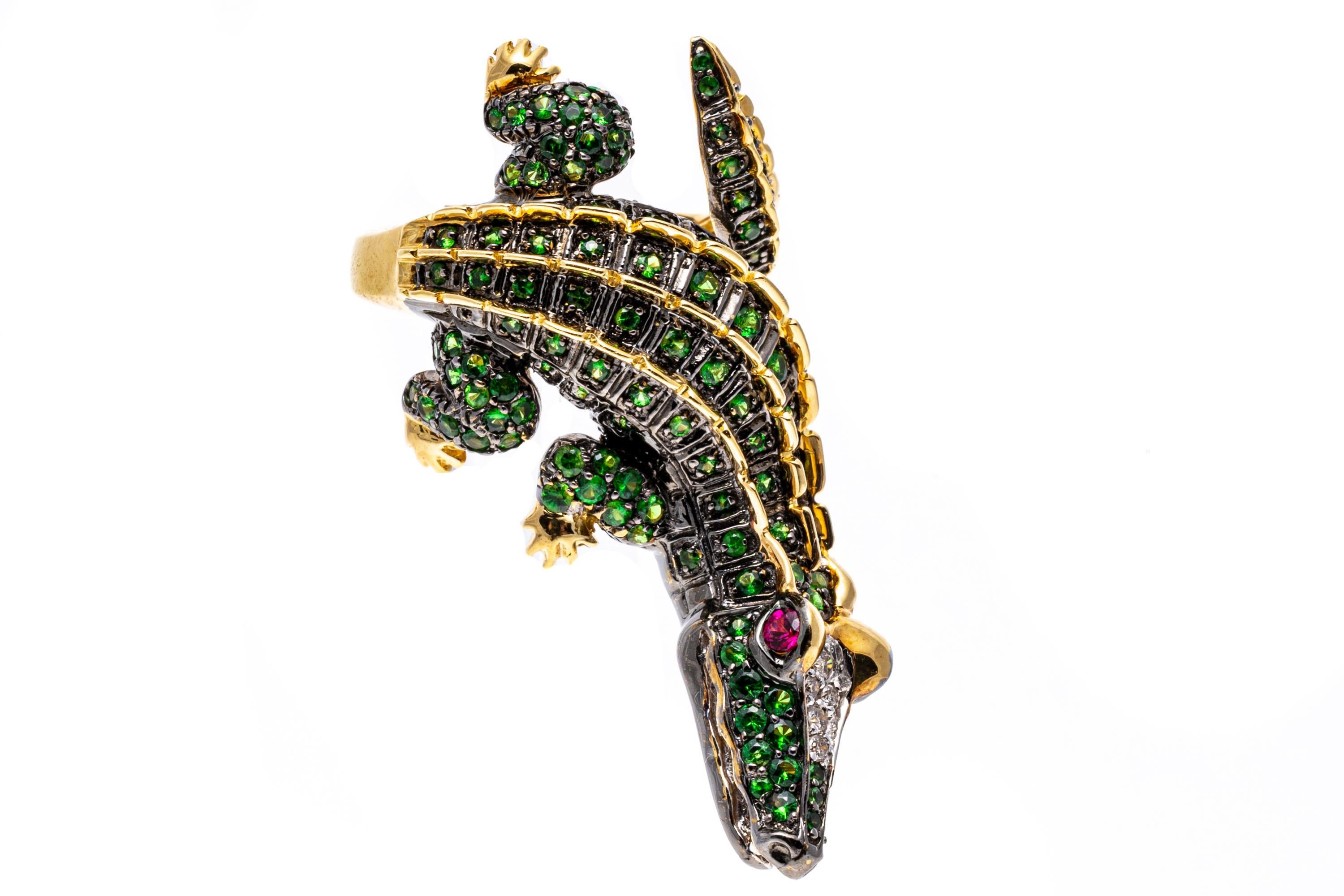 18k Yellow Gold Pave Tsavorite and Diamond Crocodile Bypass Ring For Sale 4