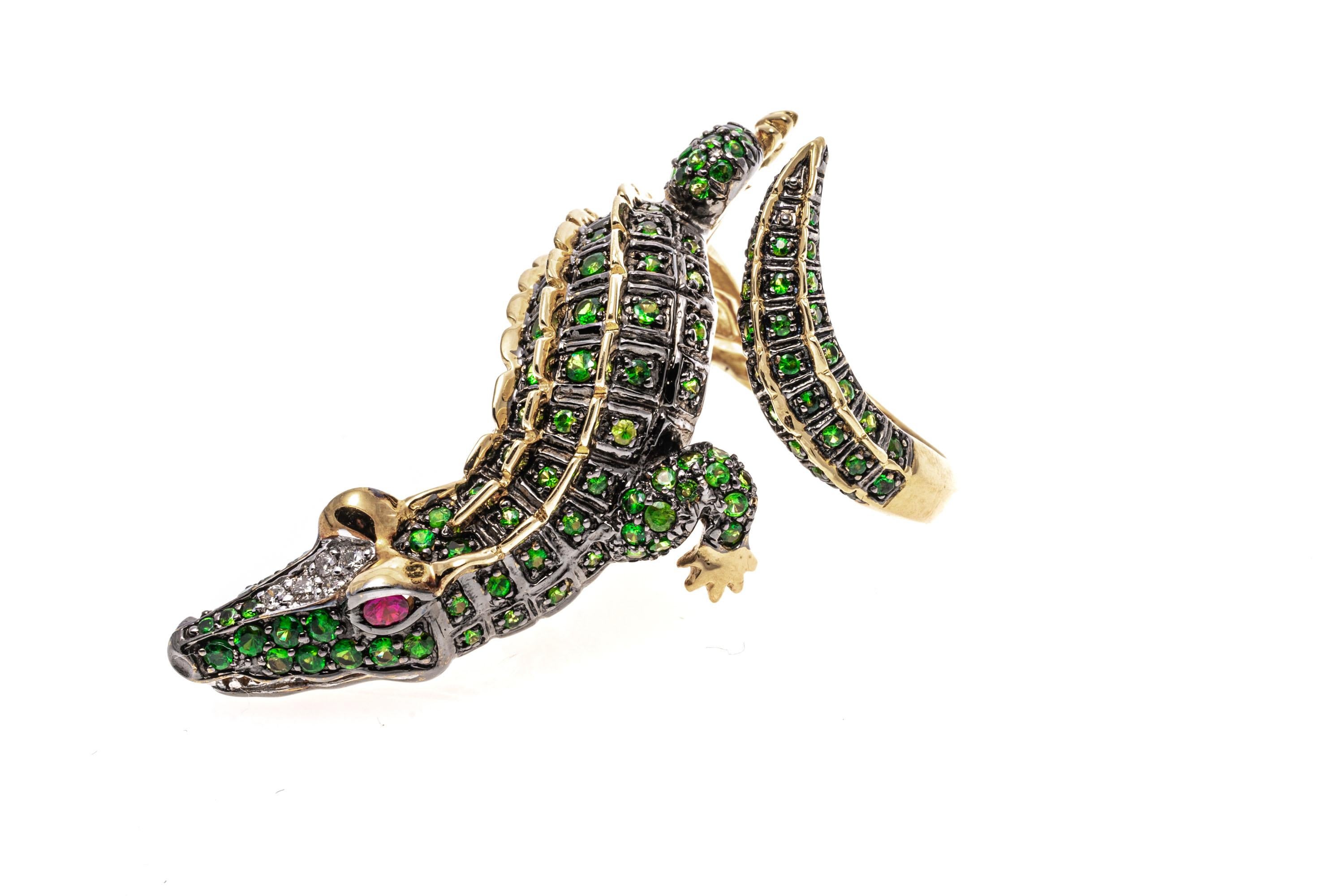 18k Yellow Gold Pave Tsavorite and Diamond Crocodile Bypass Ring For Sale 1