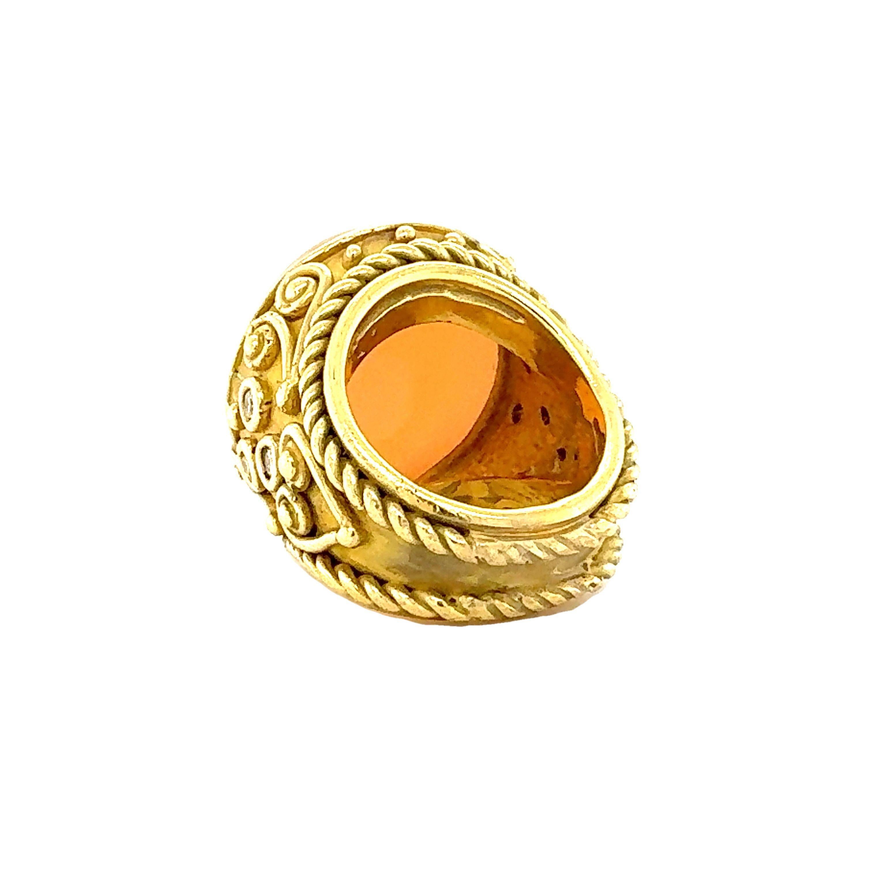 Cabochon 18k Yellow Gold Peach Moonstone and Diamond Ring