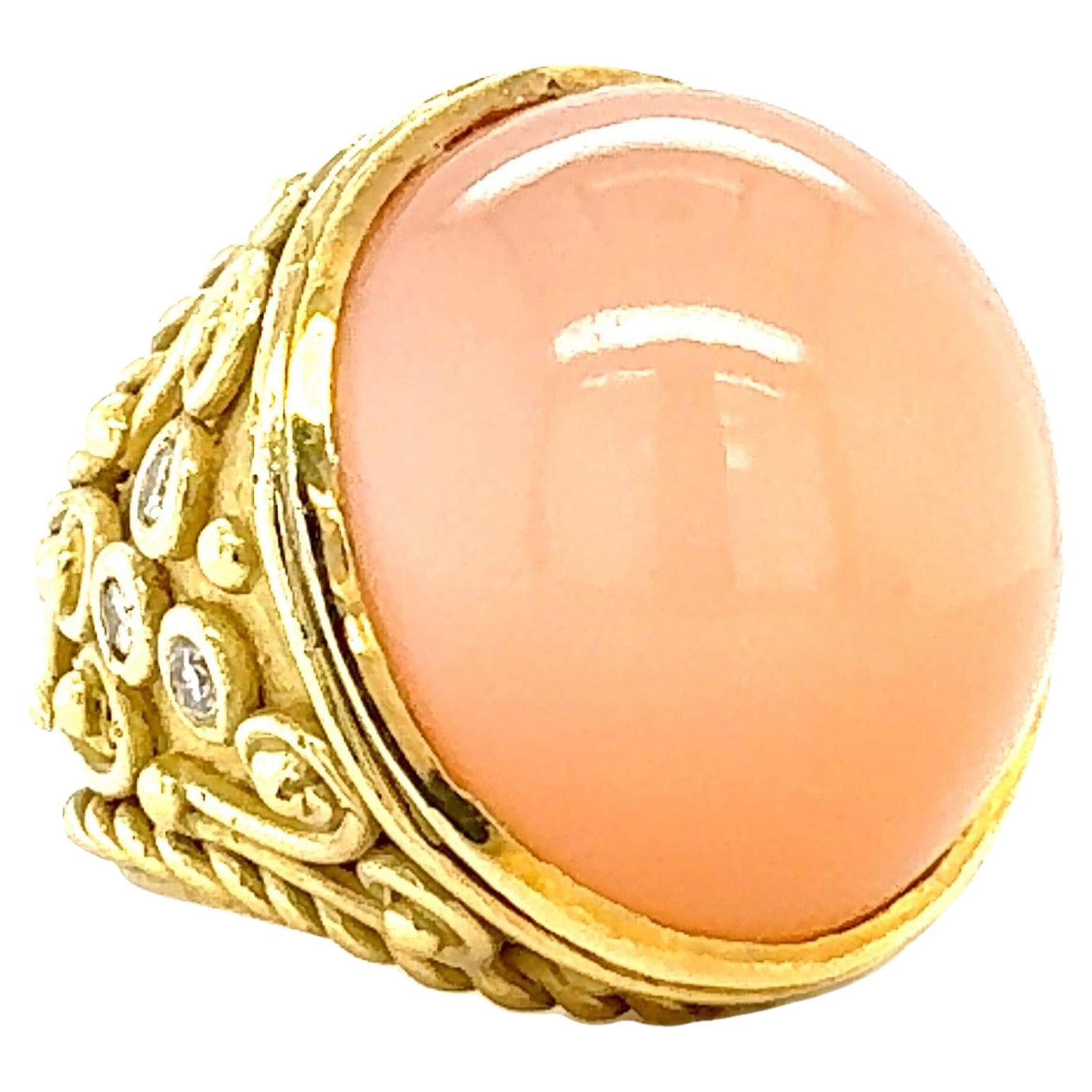 18k Yellow Gold Peach Moonstone and Diamond Ring